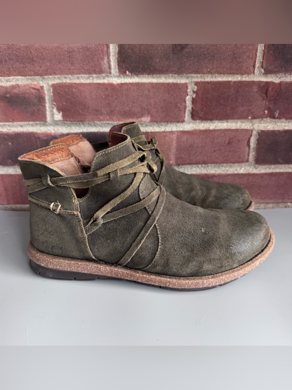 Born Womens 9.5 Olive Green Suede Leather Ankle Booties Lace Wrap Side Zip Boho